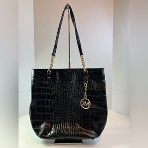 Michael Kors Black Croc Embossed Leather Tote